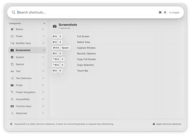KeyboardS showing the Screenshots category with seven macOS screen capture shortcuts
