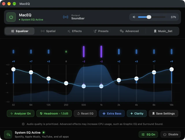 macEQ equalizer showing a live spectrum analyzer and a ten-band EQ curve