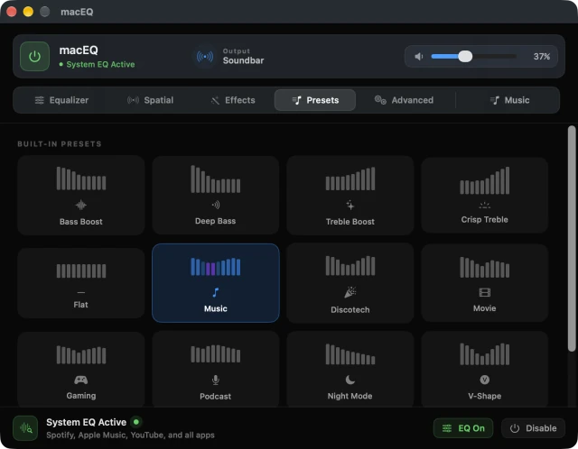 macEQ presets tab with saved and built-in sound profiles