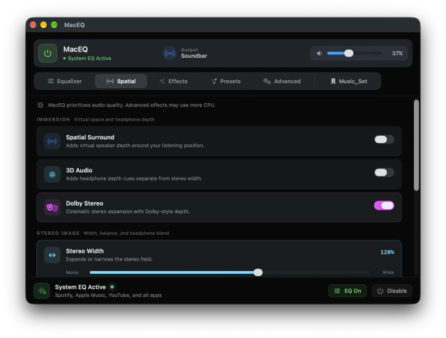 macEQ spatial effects controls with stereo width, crossfeed, and surround