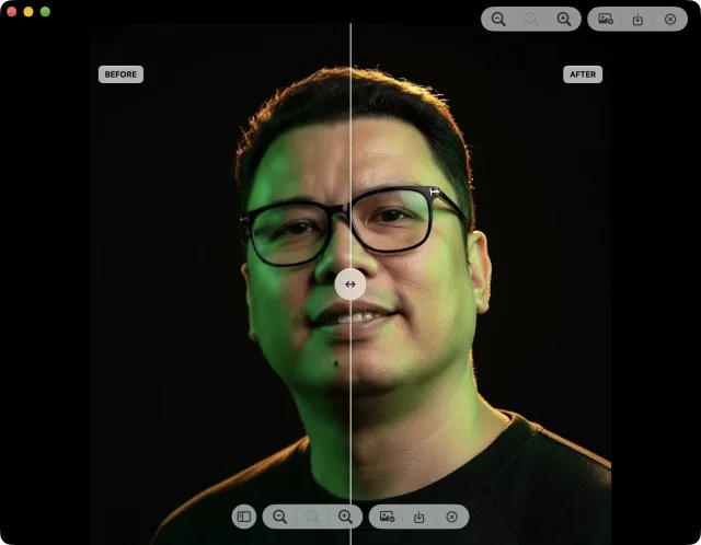 Upscape comparison slider showing the original image next to the upscaled result