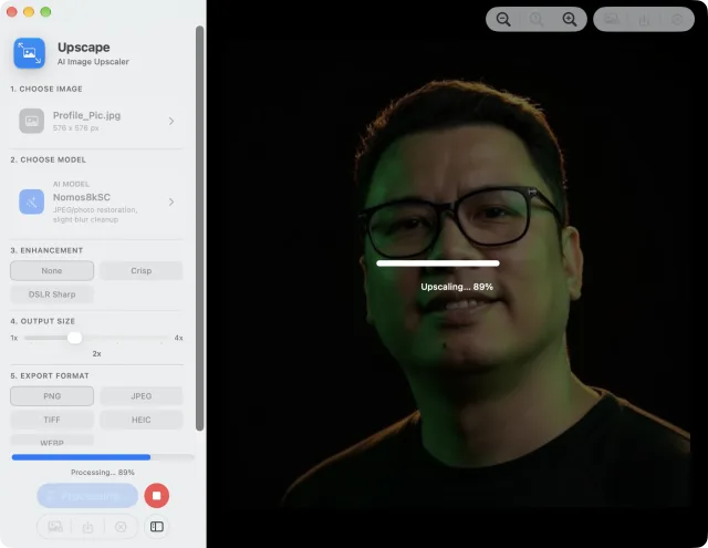 Upscape upscaling a portrait with the Nomos8kSC model, showing progress at 89 percent